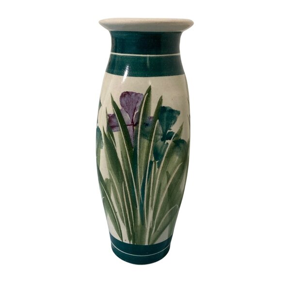 Signed Studio Art Pottery Hand Painted Iris Vase - Picture 4 of 7